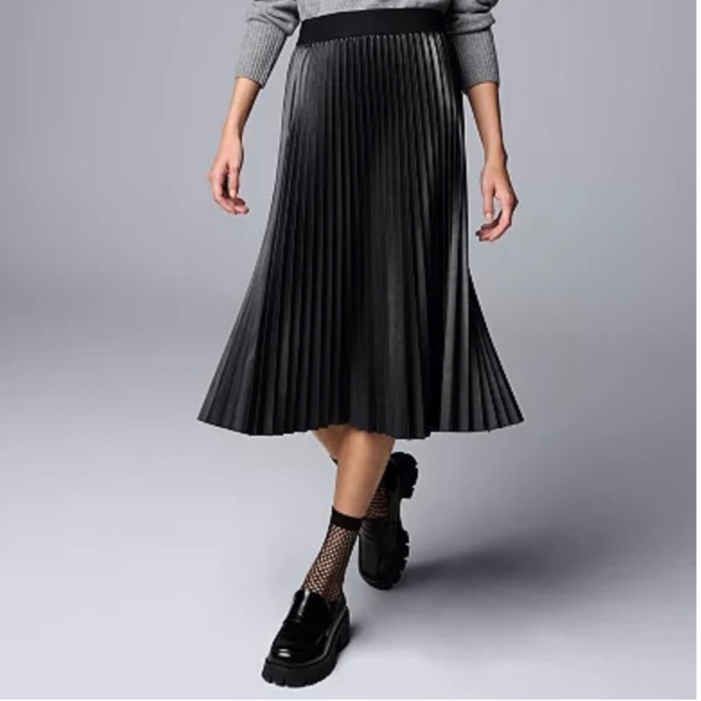 Time and Tru Faux Leather Pull-On Pleated Midi Skirt Elastic Waist Sz XL Grunge